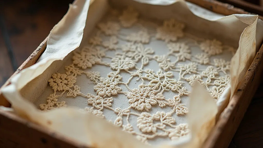 Antique bobbin lace carefully wrapped in acid-free tissue paper inside a box.