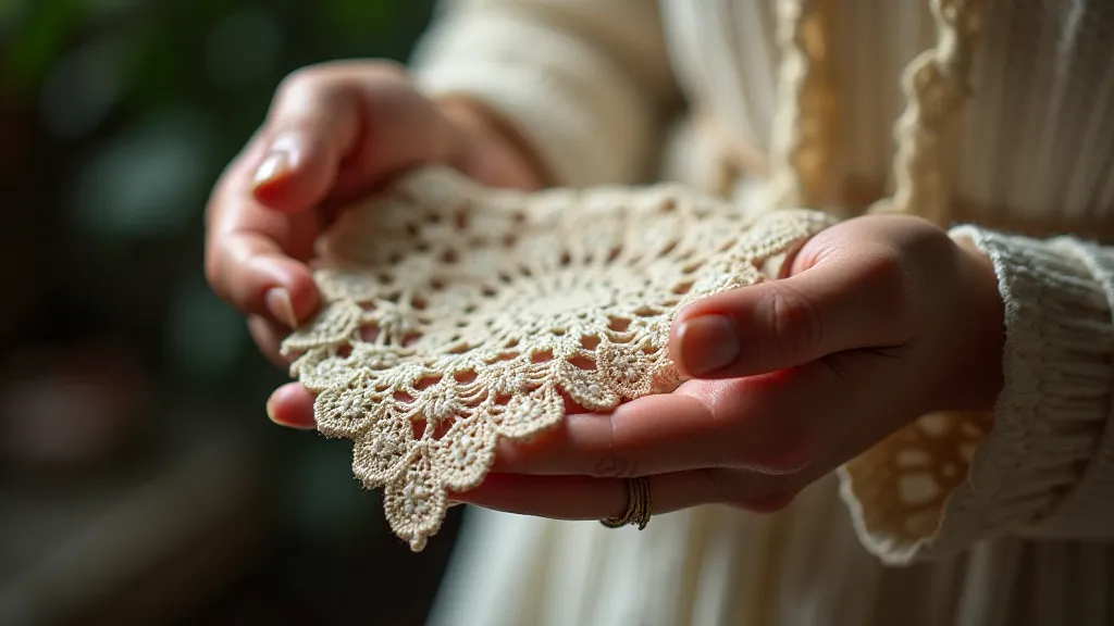 Antique bobbin lace handkerchief held in a hand