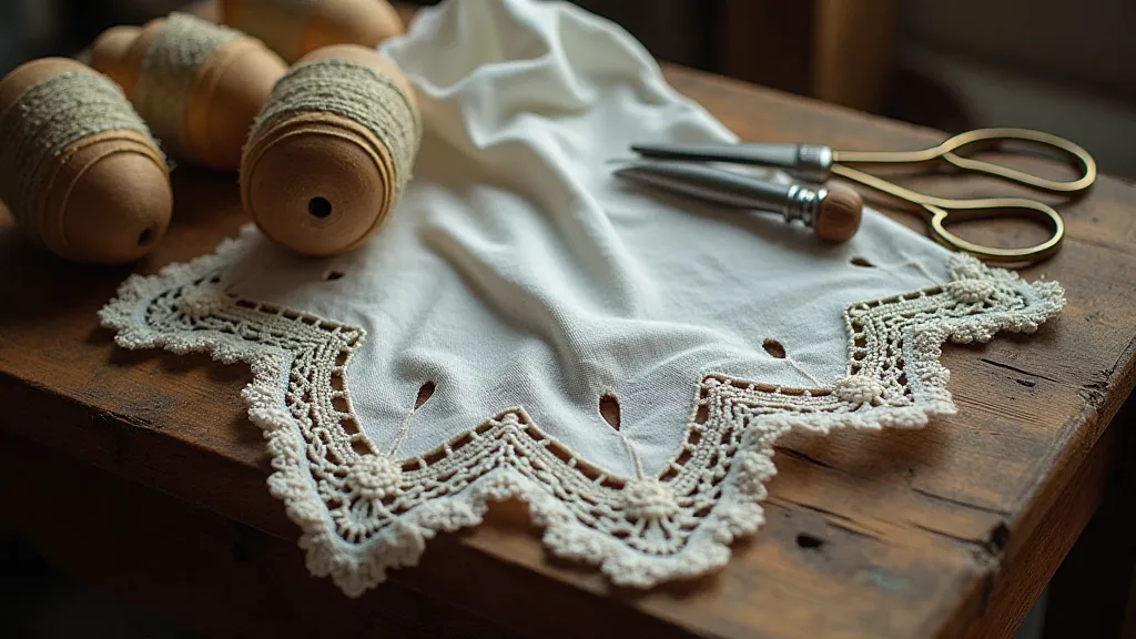 Antique bobbin lace and crafting tools still life