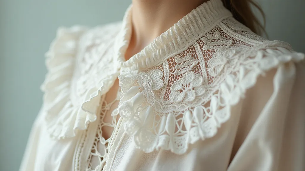Close-up of a vintage collar embellished with faggoting using delicate bobbin lace.