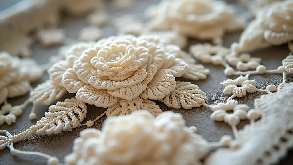 A close-up view of antique bobbin lace featuring floral motifs, showcasing intricate details.