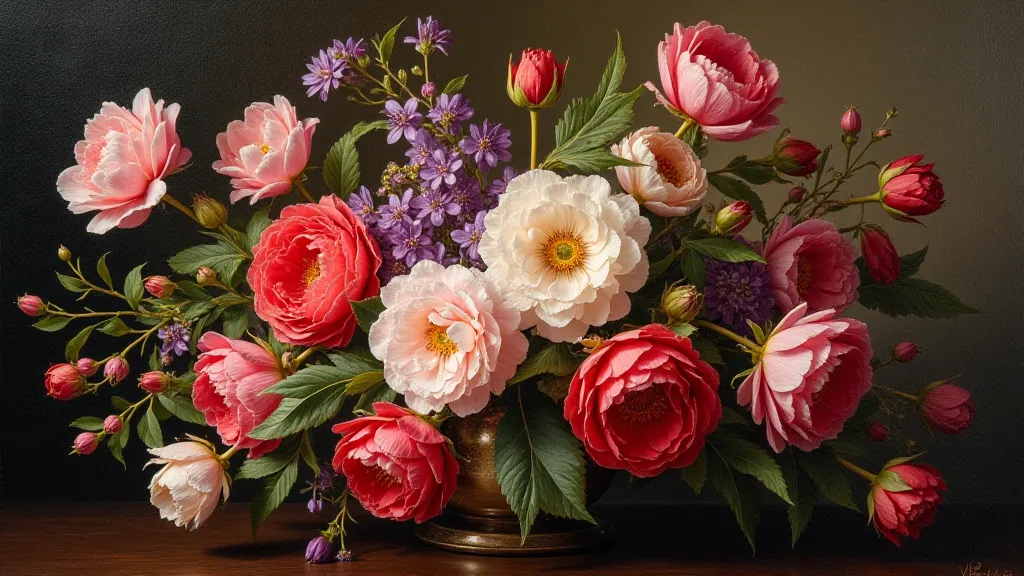 A classic Flemish floral still life painting with tulips, roses, and other flowers.