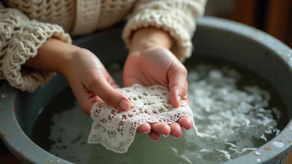 Antique bobbin lace being carefully washed in a basin of water.