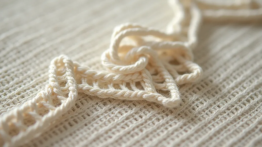Detail showing a hand-tied knot in antique bobbin lace