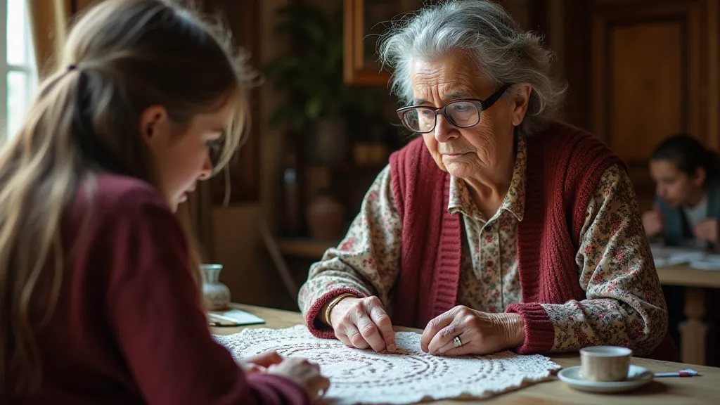 An older woman demonstrating bobbin lace making