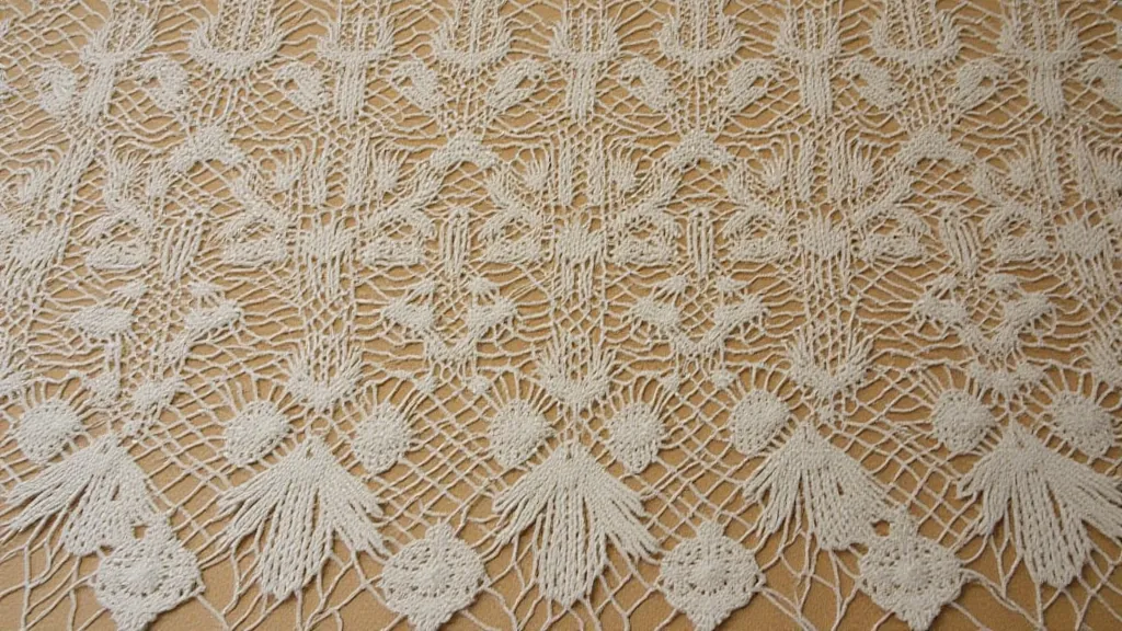 A detailed sample of bobbin lace, potentially created by Margaret Shapley, featuring geometric and floral elements.