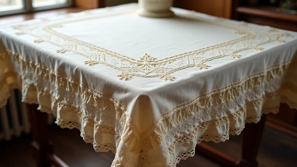 Antique linen tablecloth with bobbin lace