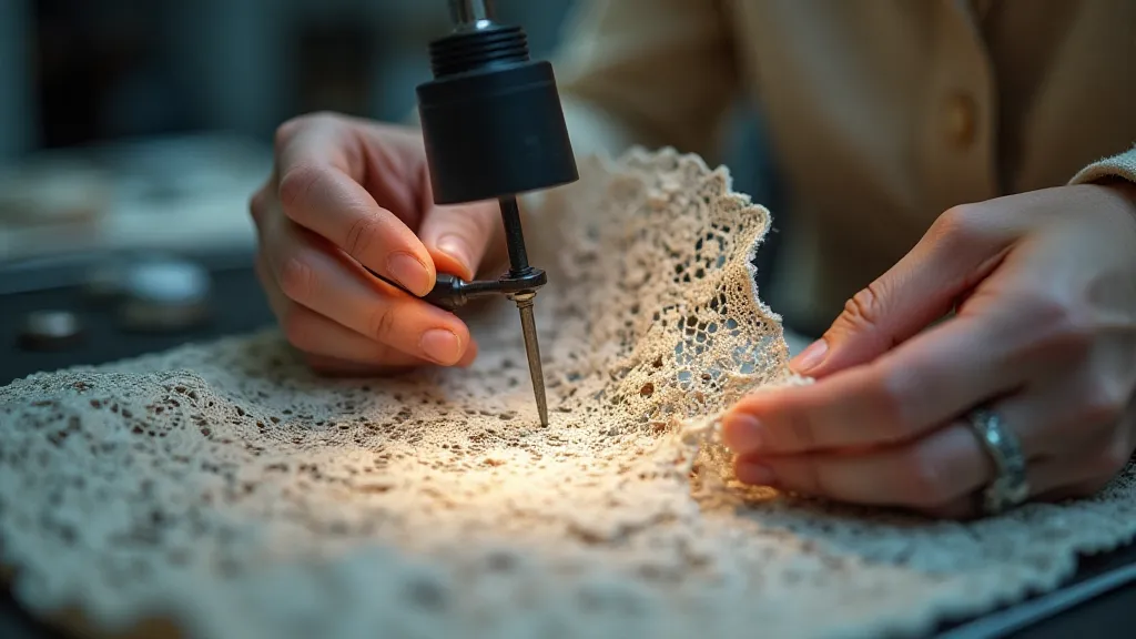 A textile conservator carefully examining antique bobbin lace under a magnifying glass.